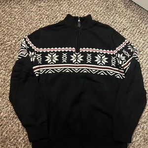 Chaps Black and White Patterned Zip-Up Sweater